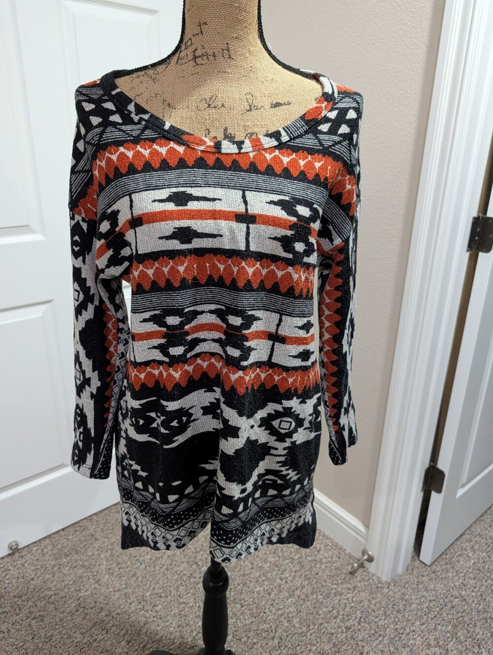 Tyche Black, White & Rust Aztec Scoop-Neck Sweater